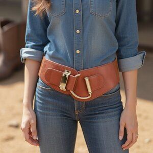 Women Brown Stretch Sophisticated Fashion Belt Gold Metal Hook Buckle Size L XL